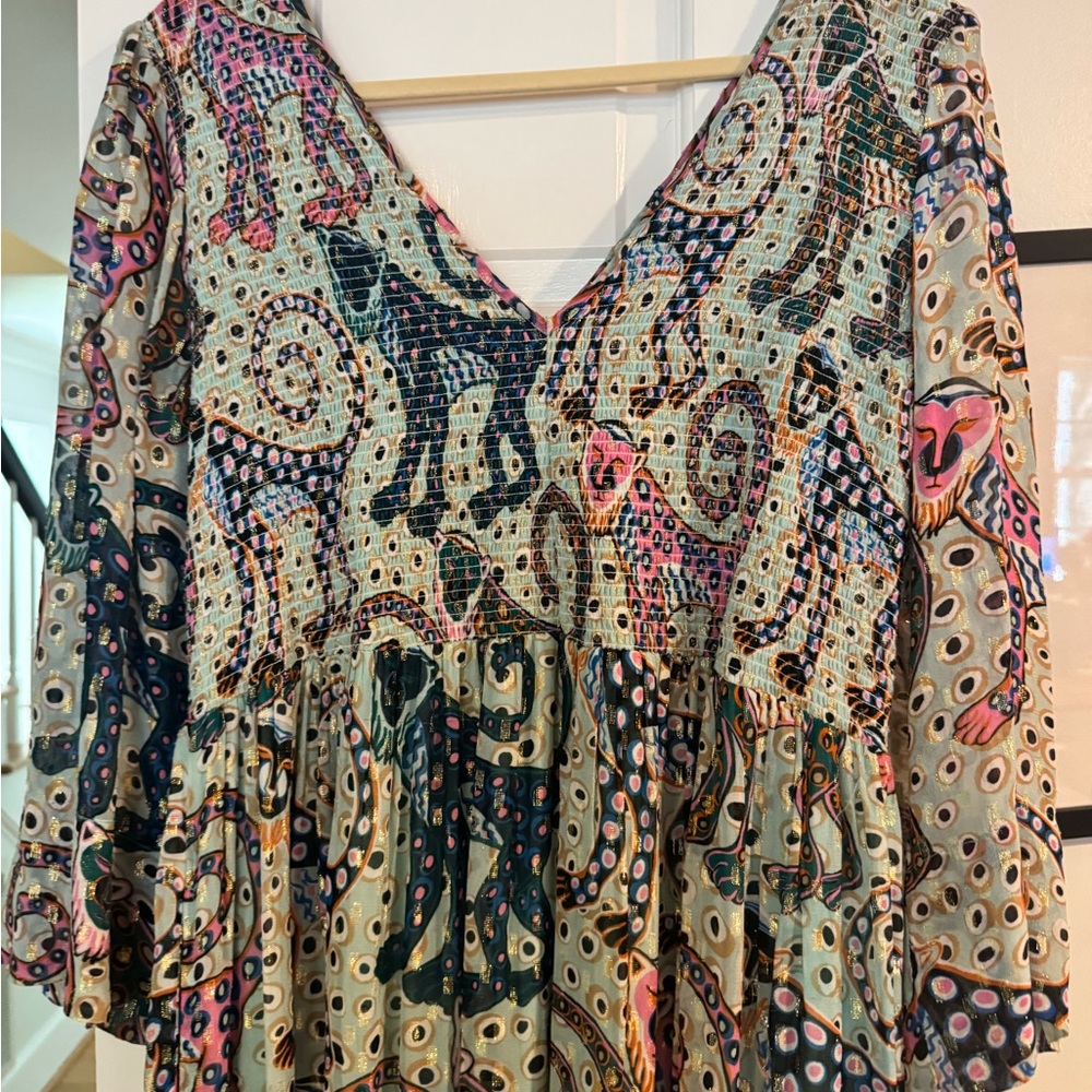 Oliphant Multicolor Monkey Maxi Dress Smocked & Shimmery - Picture 3 of 11